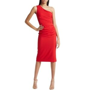 NEW Dress the Population Red Martine Stretch Crepe One-Shoulder Dress $178 XS